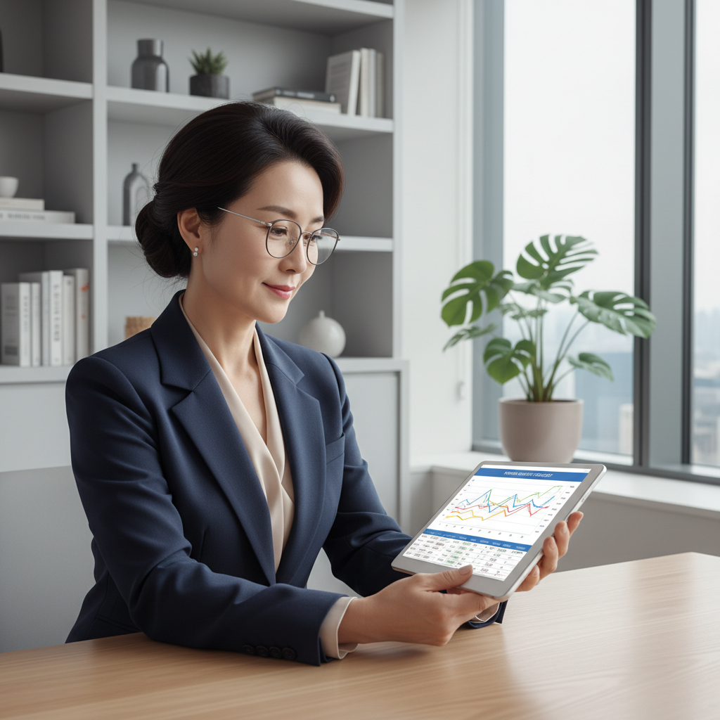 변경된 국민연금 감액 기준을 확인하며 미래를 계획하는 한국인 중년 여성