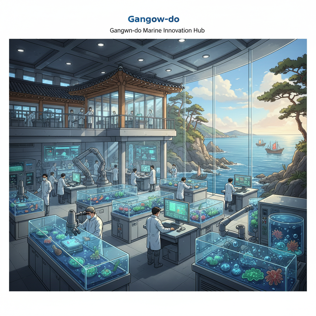 강원도 해안에 위치한 첨단 해양 연구 실험실. 한국인 과학자들이 해양 생물을 연구하고 첨단 장비를 사용하는 모습. 전통 어선과 현대 기술이 조화된 강원도의 해양 바이오 연구 현장.
