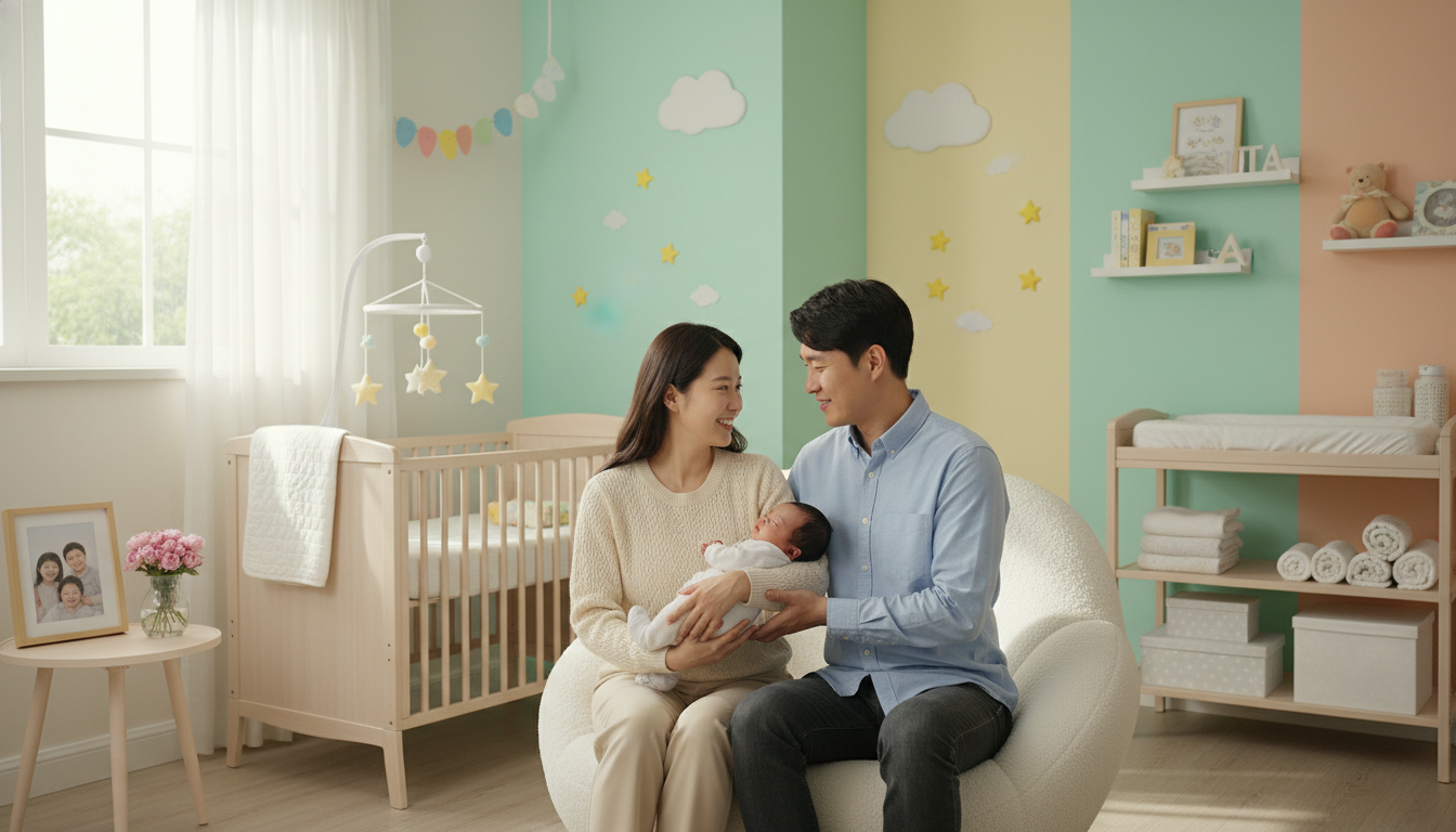 밝고 현대적인 아기 방에서 갓난아기를 안고 행복하게 웃는 한국인 부부, 육아 지원 정책의 긍정적인 효과를 상징