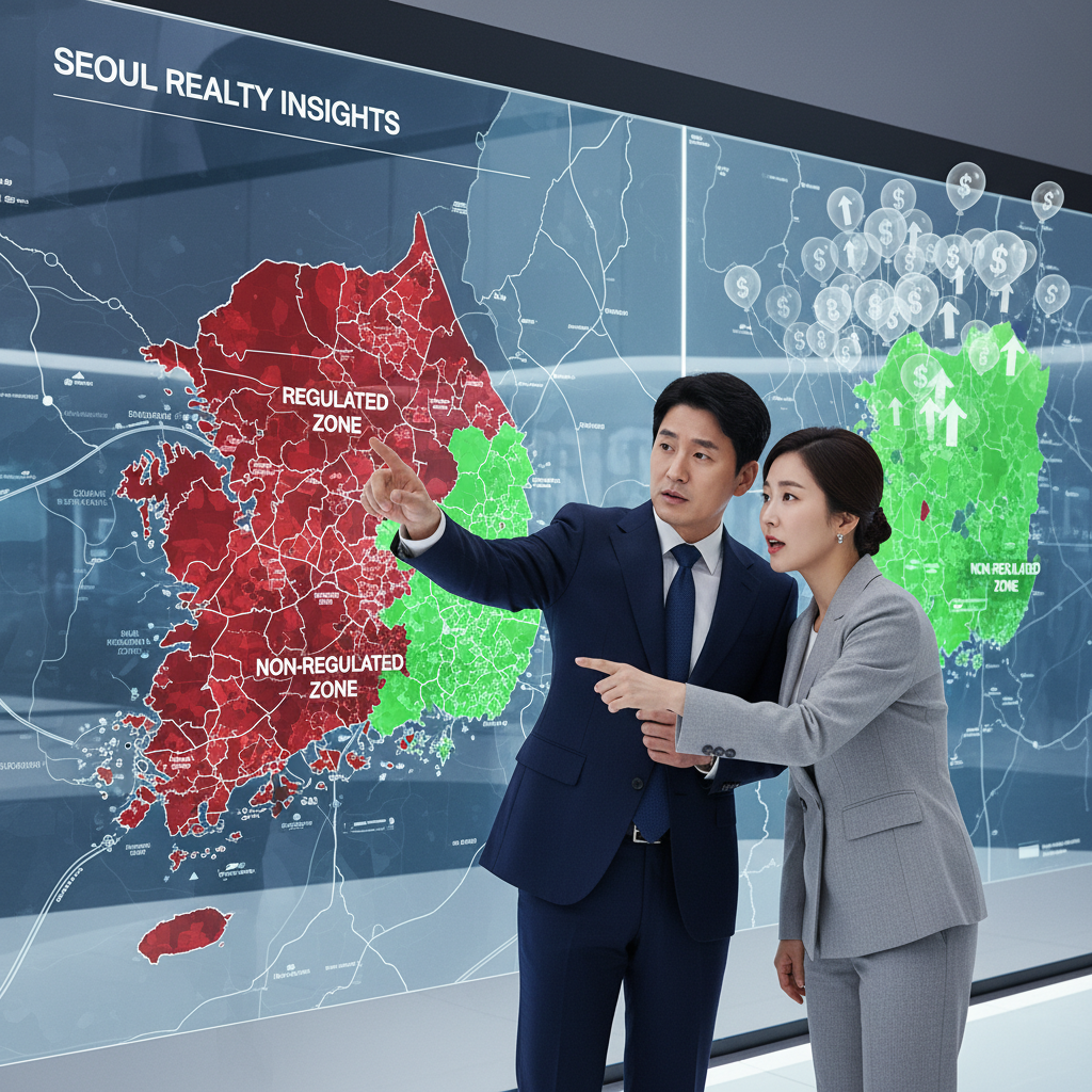 수도권 부동산 지도에서 규제 및 비규제지역을 확인하며 풍선효과를 논의하는 한국인 부부