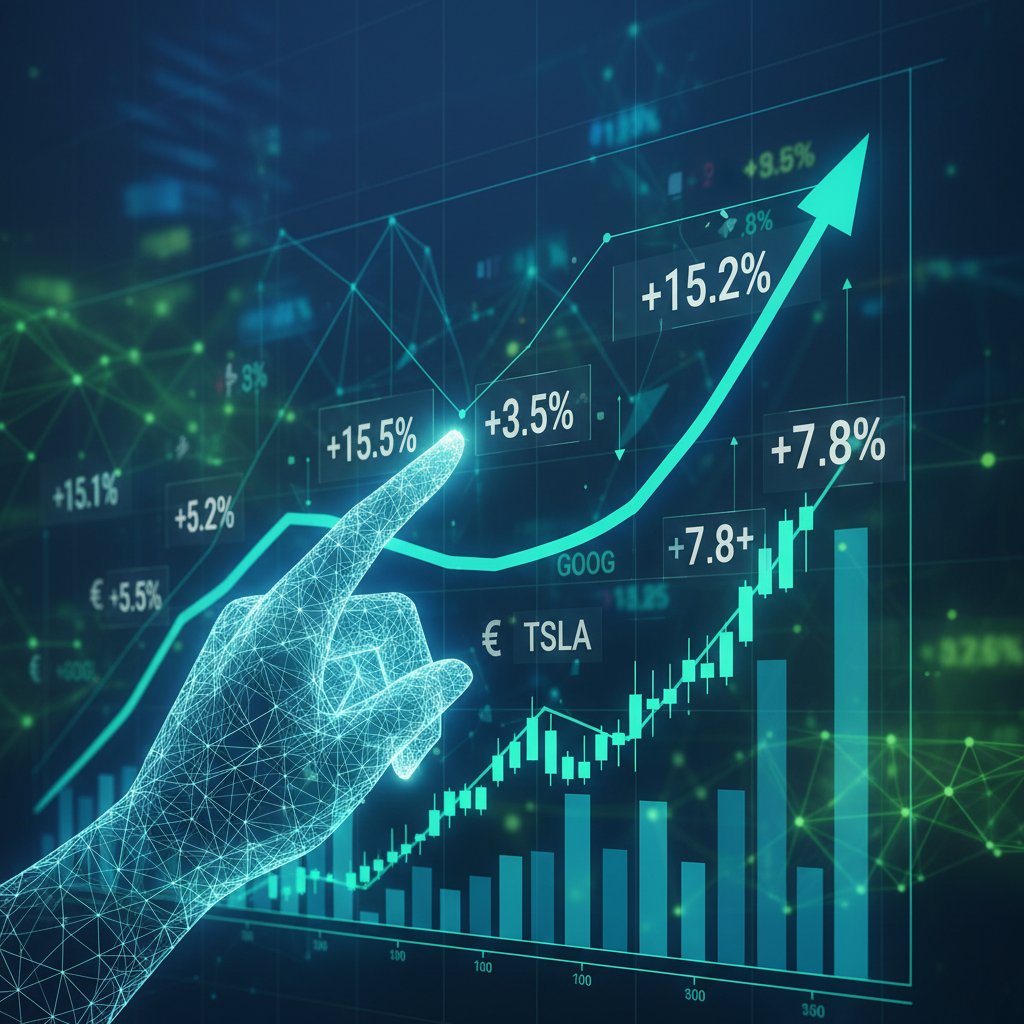 급등하는 주식 시장 그래프와 데이터 흐름. 배당소득 분리과세 완화로 인한 시장 활성화와 성장을 시각적으로 나타냅니다.