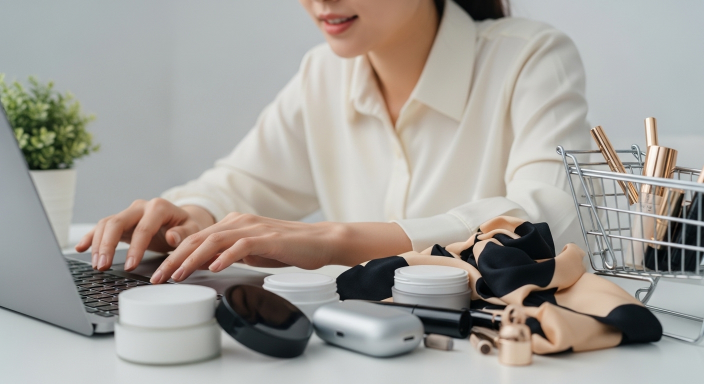 광군제 할인을 맞아 K-뷰티, K-패션, K-테크 제품을 온라인으로 현명하게 쇼핑하는 한국 여성의 손과 다양한 상품들.