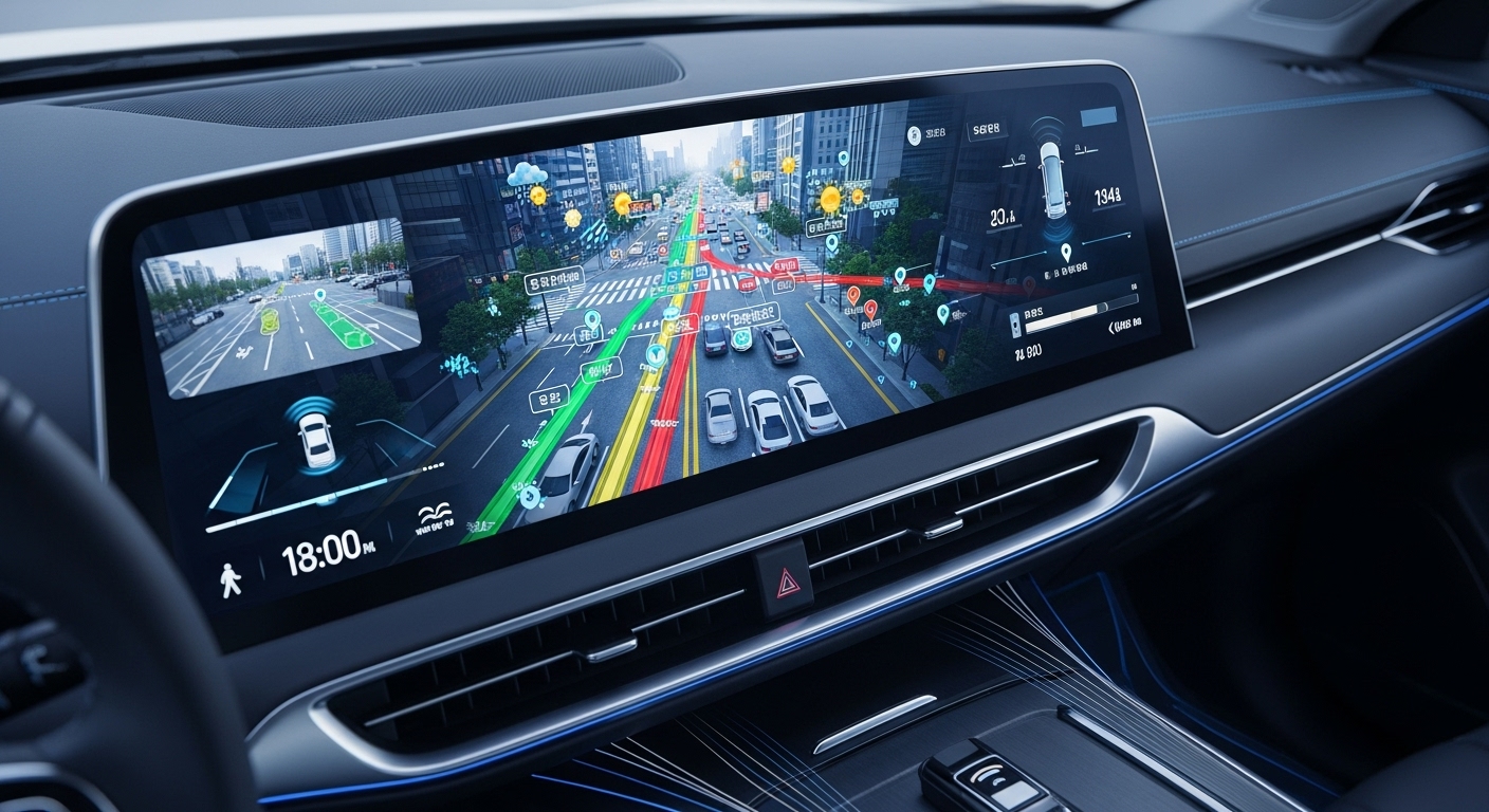 자율주행차 대시보드에 표시된 고정밀 3D 지도 데이터가 실시간 교통 정보를 보여주는 모습.