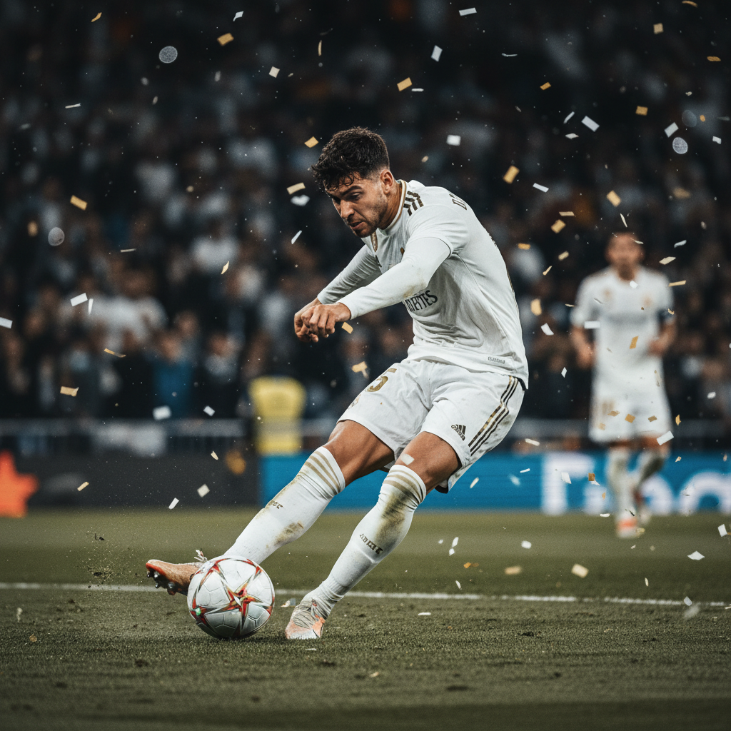 레알 마드리드의 주드 벨링엄 선수가 강력한 슈팅을 시도하는 역동적인 모습