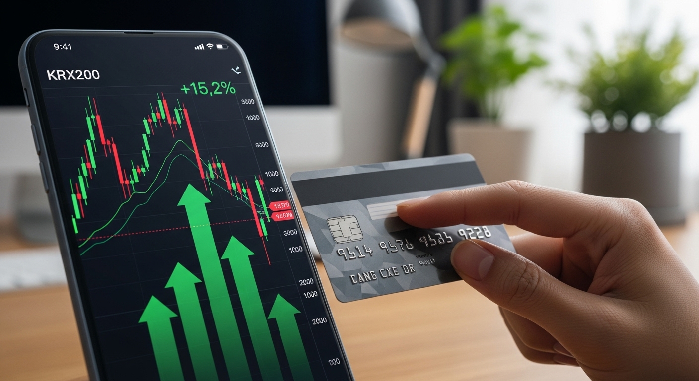 스마트폰 주식 차트를 보며 신용카드를 만지작거리는 손, 빚투 유혹과 고민을 나타내는 모습.