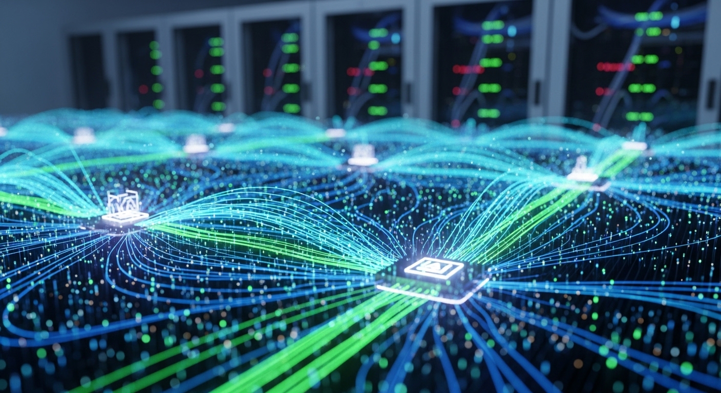 AI-RAN 기술이 적용된 복잡한 네트워크 인프라의 개념도. 빛나는 데이터 라인과 상호 연결된 노드들이 지능형 통신망을 시각적으로 표현합니다.