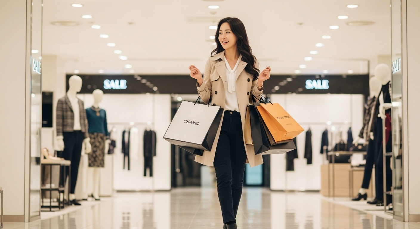 화려한 백화점 복도를 걷는 젊은 한국 여성이 여러 쇼핑백을 들고 즐거워하는 모습. 명품 매장과 할인 표지가 배경에 보인다.