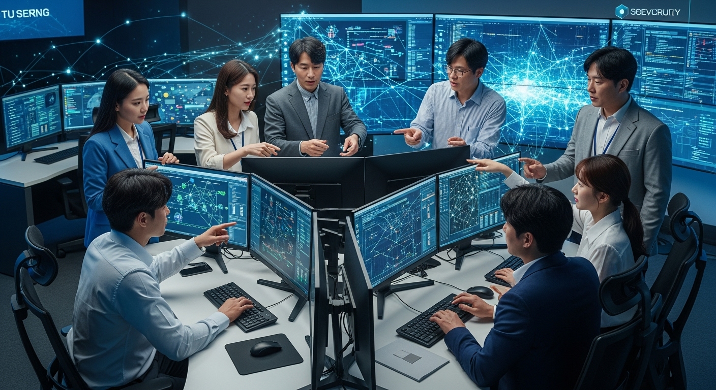 최신 보안 솔루션을 논의하며 사이버 위협을 분석하는 한국인 사이버 보안 전문가들.