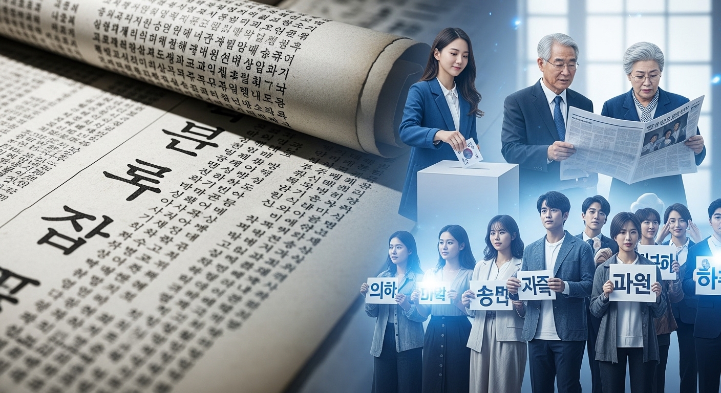 대한민국 헌법 제정의 역사적 의미와 현대 한국인들의 일상생활을 병치하여 보여주는 이미지.