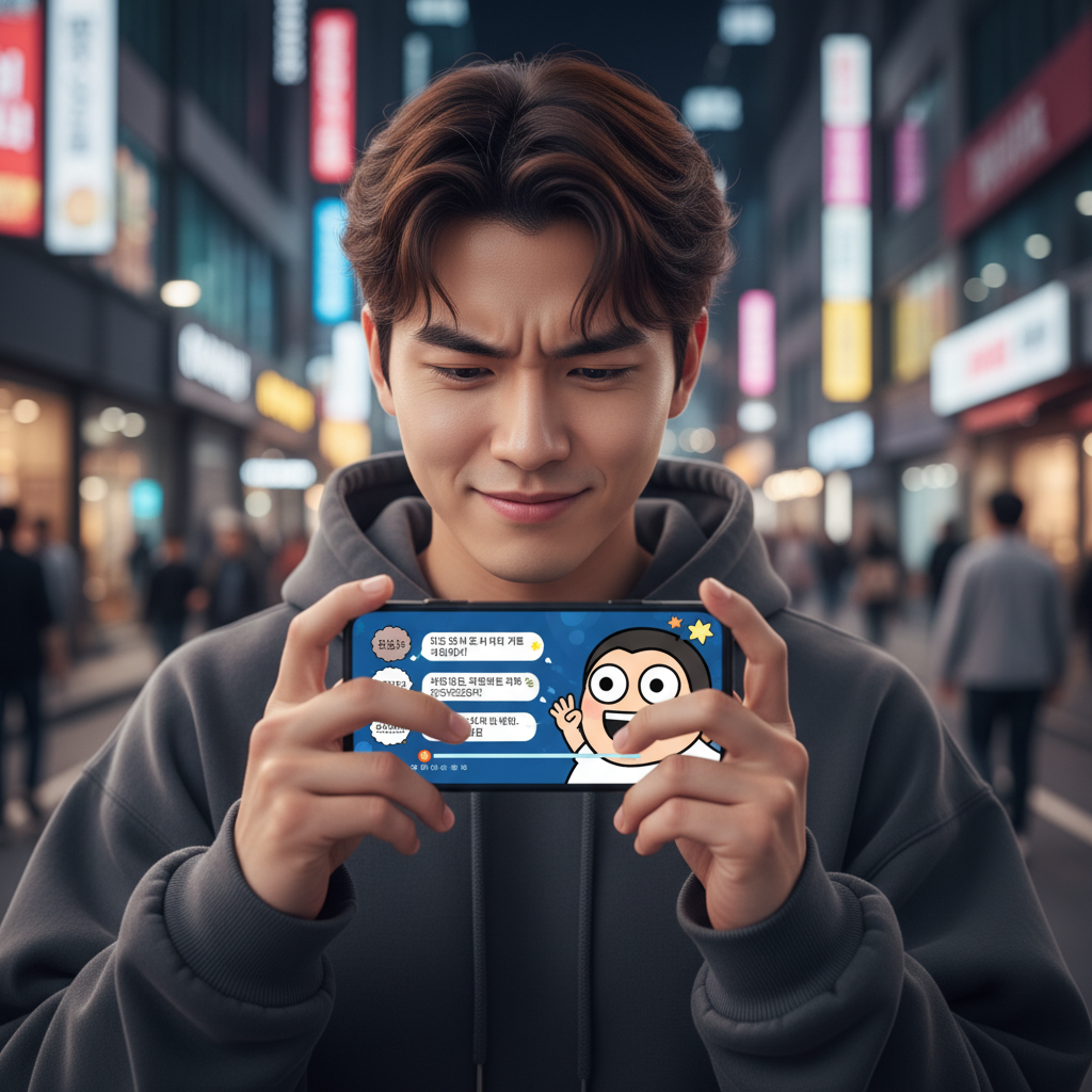 스마트폰으로 짧은 이야기 영상에 몰입하여 시청하는 Z세대 한국인의 모습. 숏폼 콘텐츠의 높은 집중도를 보여줍니다.