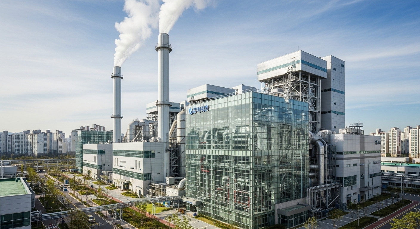 최첨단 기술이 적용된 한국의 현대적인 폐기물 소각시설 전경. 깨끗한 스팀이 배출되는 굴뚝과 효율적인 기계 장비가 환경 친화적인 폐기물 처리 과정을 보여줍니다.