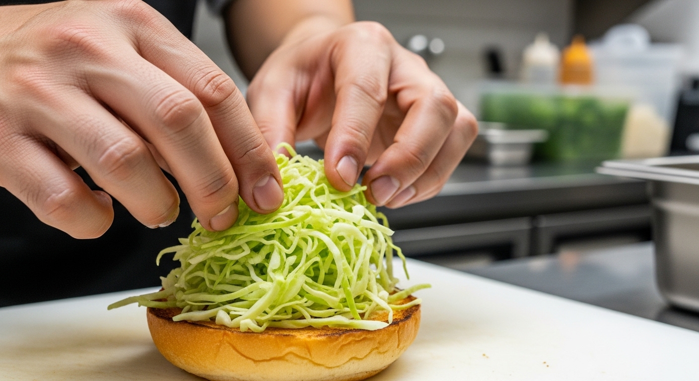 양상추 대신 신선한 양배추를 햄버거에 올리는 한국인 셰프의 손