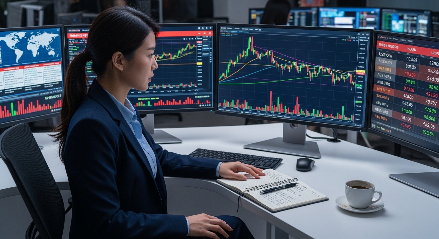 글로벌 경제 지표와 환율 차트를 분석하며 금값 상승 요인을 탐색하는 한국인 애널리스트