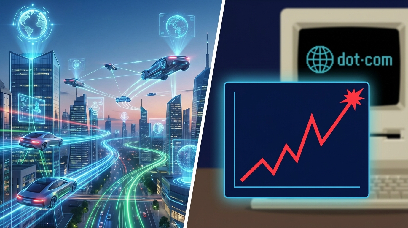 혁신적인 AI 기술 발전의 잠재력을 상징하는 미래 도시와 닷컴 버블을 연상시키는 급등락 그래프를 비교하는 이미지