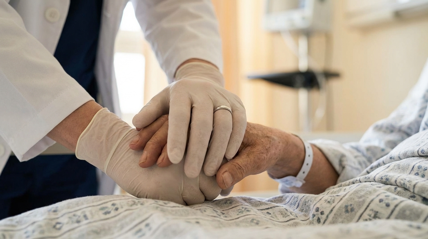 의료진이 환자의 손을 잡고 안심시키는 모습으로, 신뢰와 공감을 표현합니다.