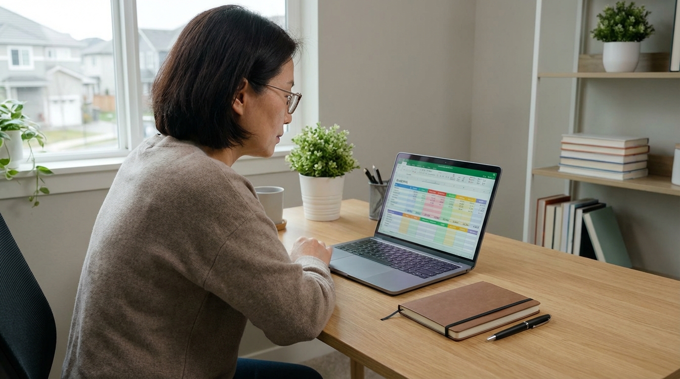 예산 계획을 세우고 지출을 기록하는 모습이 담긴 노트북과 공책