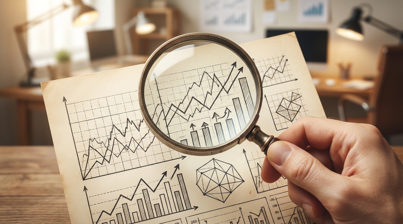 금리 동결 결정에 영향을 미친 인플레이션, 성장률 등 주요 경제 지표를 돋보기로 분석하는 손의 모습.