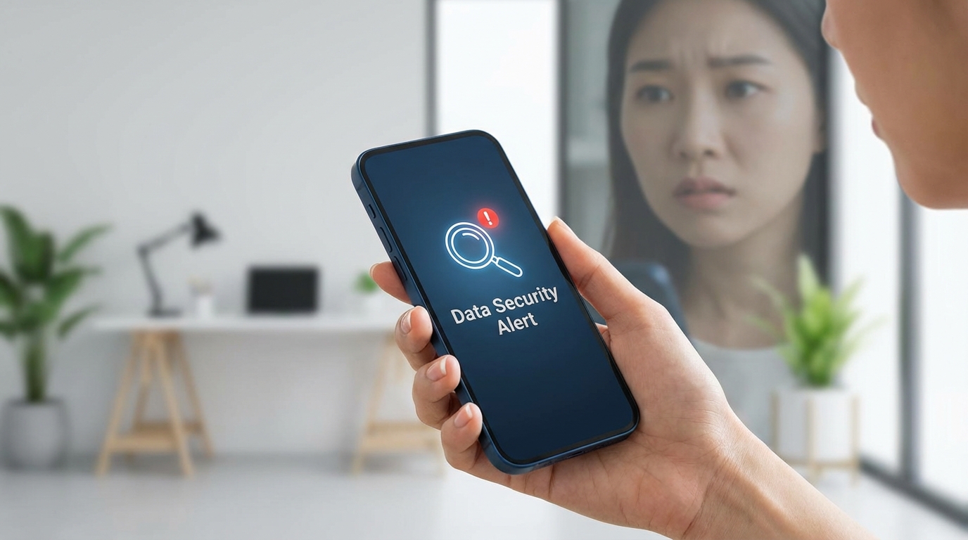 스마트폰으로 개인정보 유출 관련 뉴스를 확인하며 걱정하는 한국인의 손과 표정.