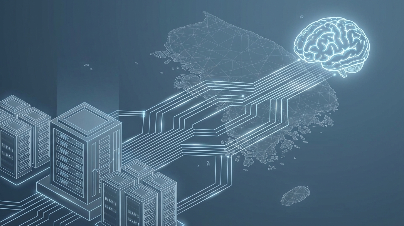 한국 지도 위 복잡한 네트워크와 데이터센터 건물들이 AI 두뇌 아이콘으로 연결되는 모습. AI 개발 가속화를 상징합니다.