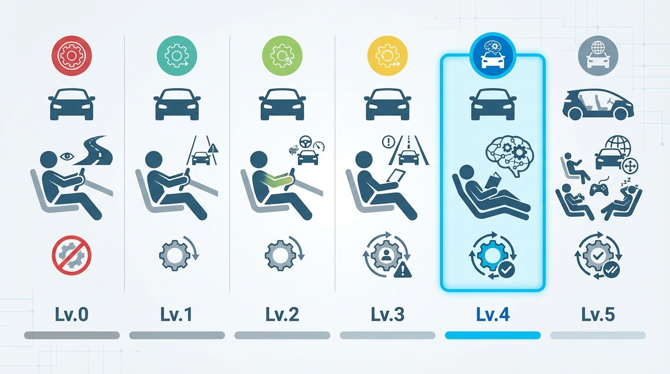 자율주행 기술 수준을 레벨 0부터 레벨 5까지 한눈에 비교할 수 있는 인포그래픽