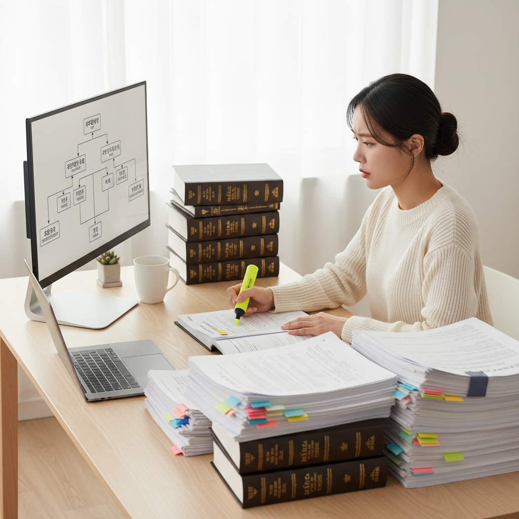 강화된 청약 1순위 자격 요건 및 복잡한 부동산 규제 문서를 꼼꼼히 검토하는 한국인 여성