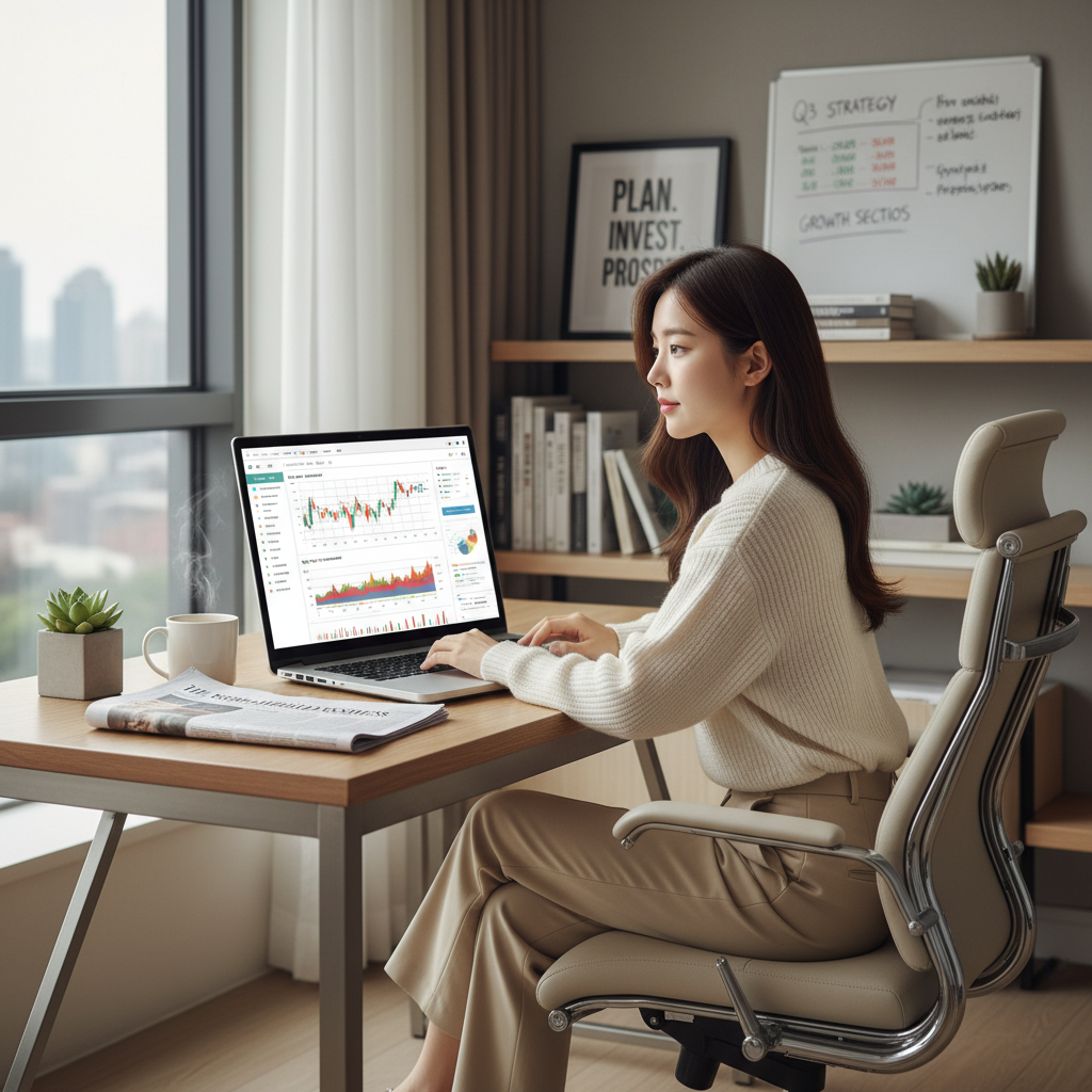 노트북으로 투자 포트폴리오를 검토하는 한국인 여성 투자자의 모습. 배당주 투자 전략 수립과 개인 자산 관리를 상징합니다.