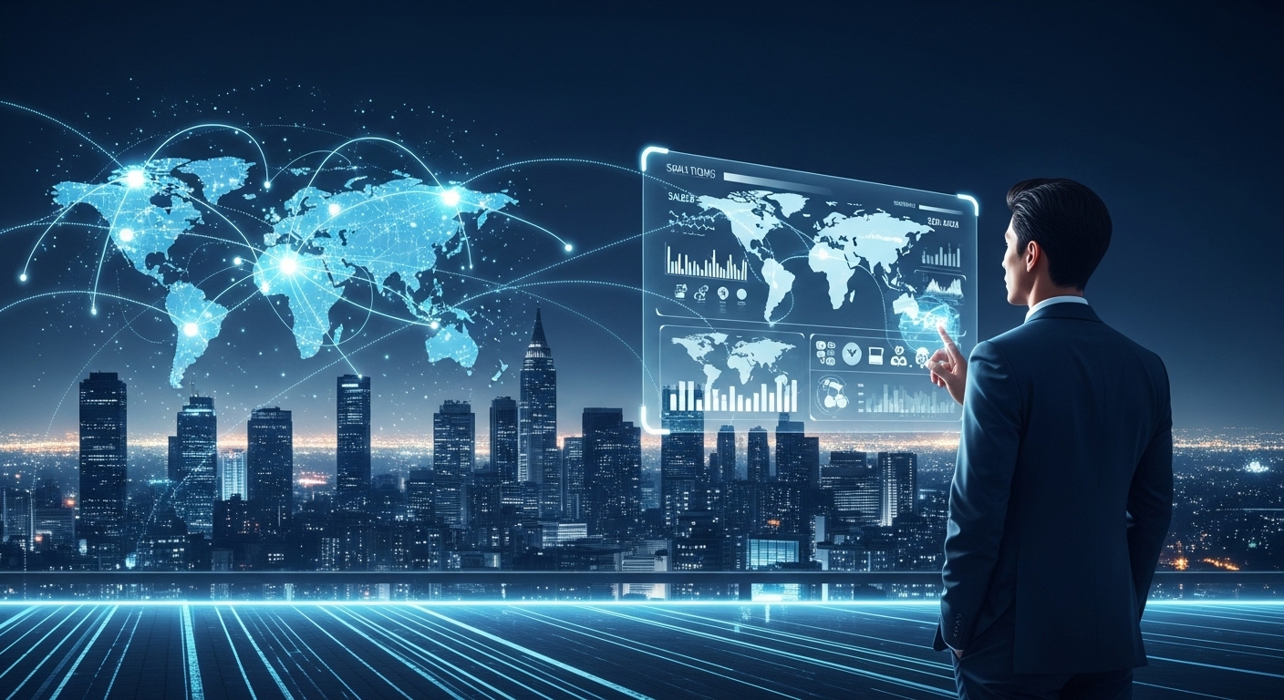 글로벌 이커머스와 물류가 연결된 미래 도시 배경에서, 실시간 판매 데이터를 확인하는 한국 남성의 모습이 담긴 혁신적인 쇼핑 트렌드 이미지.