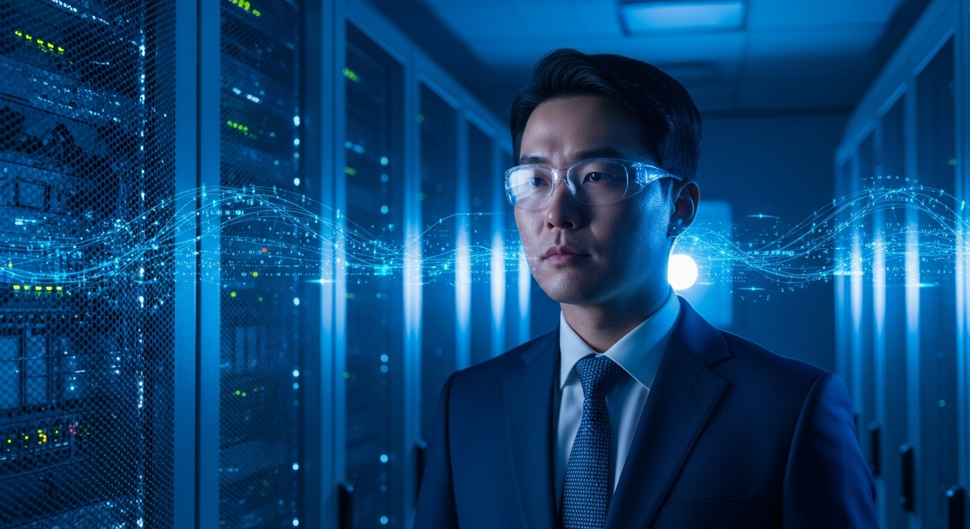 서버실에서 고정밀 지도 데이터 보호의 중요성을 강조하는 한국인 사이버 보안 전문가.