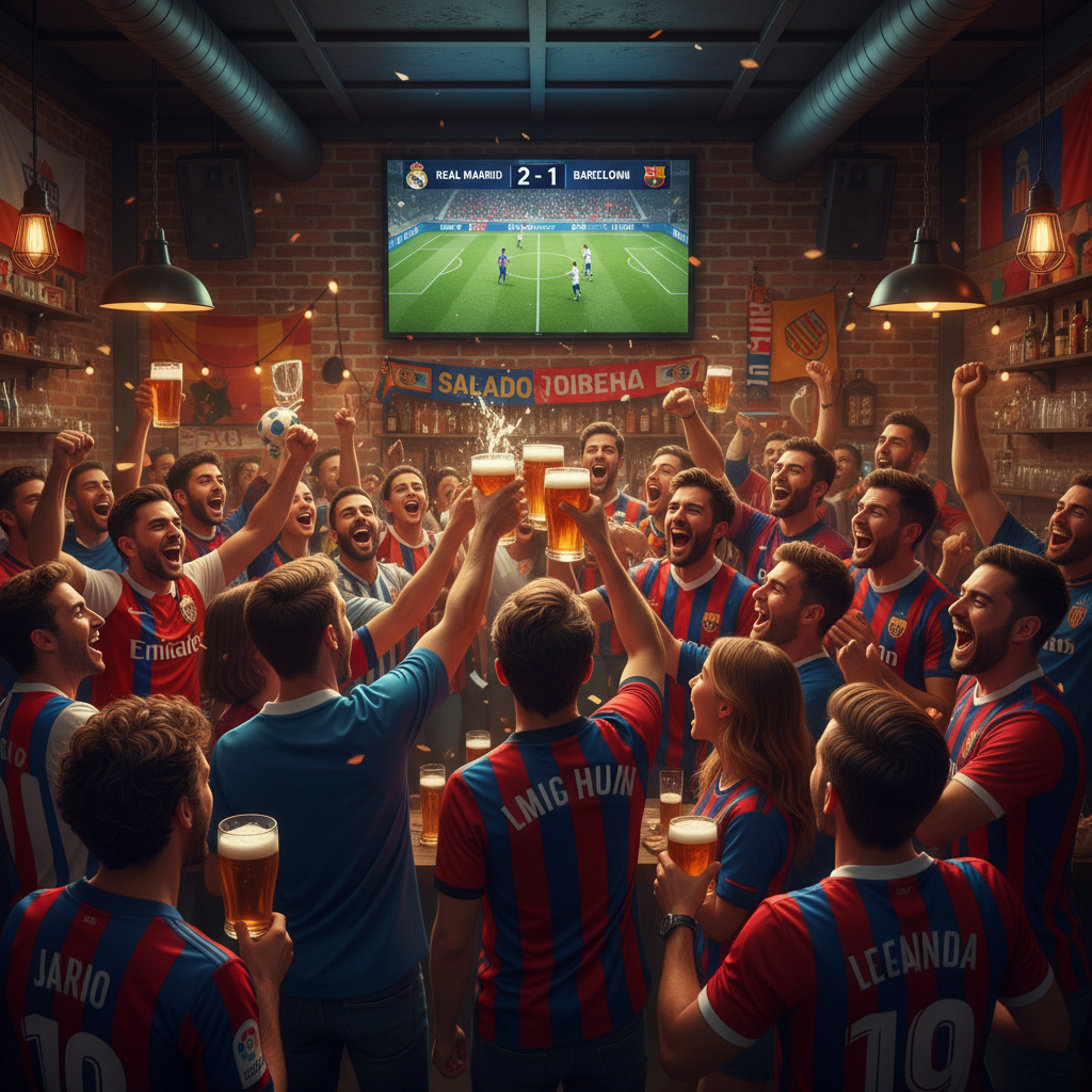 스페인 스포츠 바에서 라리가 경기를 시청하며 열정적으로 환호하는 다양한 축구 팬들