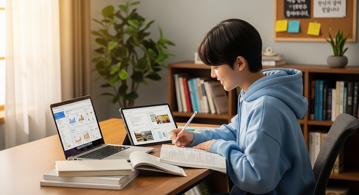 확대된 교육급여 지원으로 학업에 전념하며 밝은 미래를 꿈꾸는 한국인 학생의 모습.