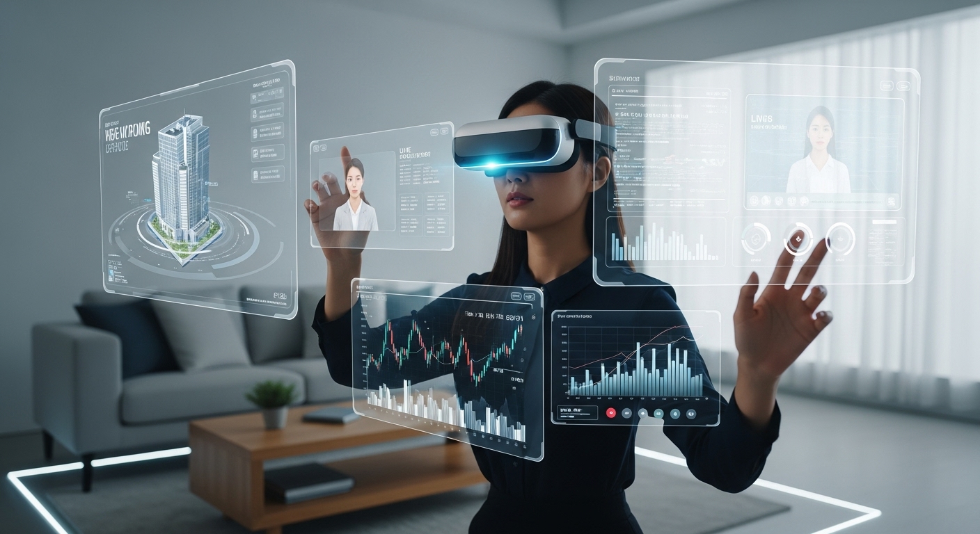 6G 통신으로 구현된 미래 증강/확장현실(AR/XR) 환경에서 한국인 여성이 홀로그램 인터페이스와 상호작용하는 모습. 초고속, 초저지연 기술의 몰입형 경험을 보여줍니다.