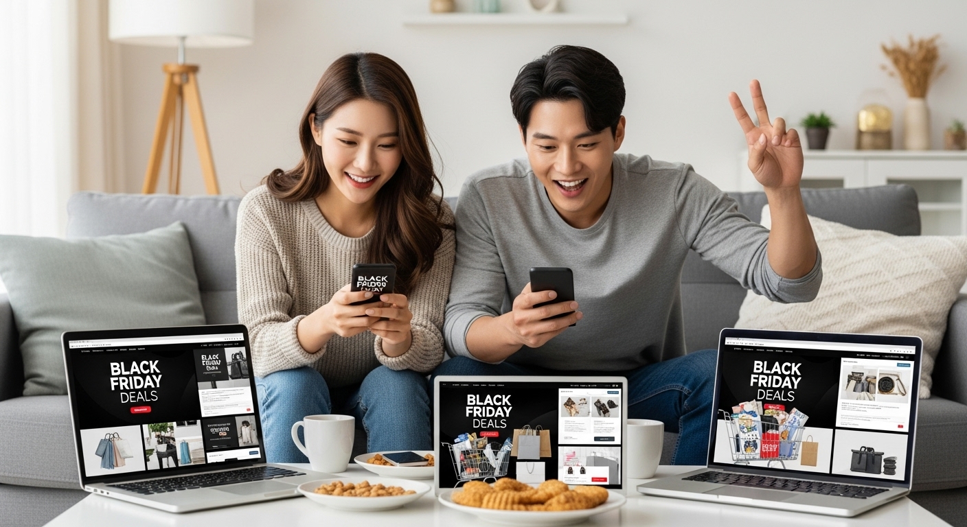 거실 소파에 앉아 노트북과 스마트폰으로 블랙프라이데이 온라인 쇼핑을 즐기는 한국인 남녀의 모습. 쇼핑몰 화면과 할인 문구가 보인다.