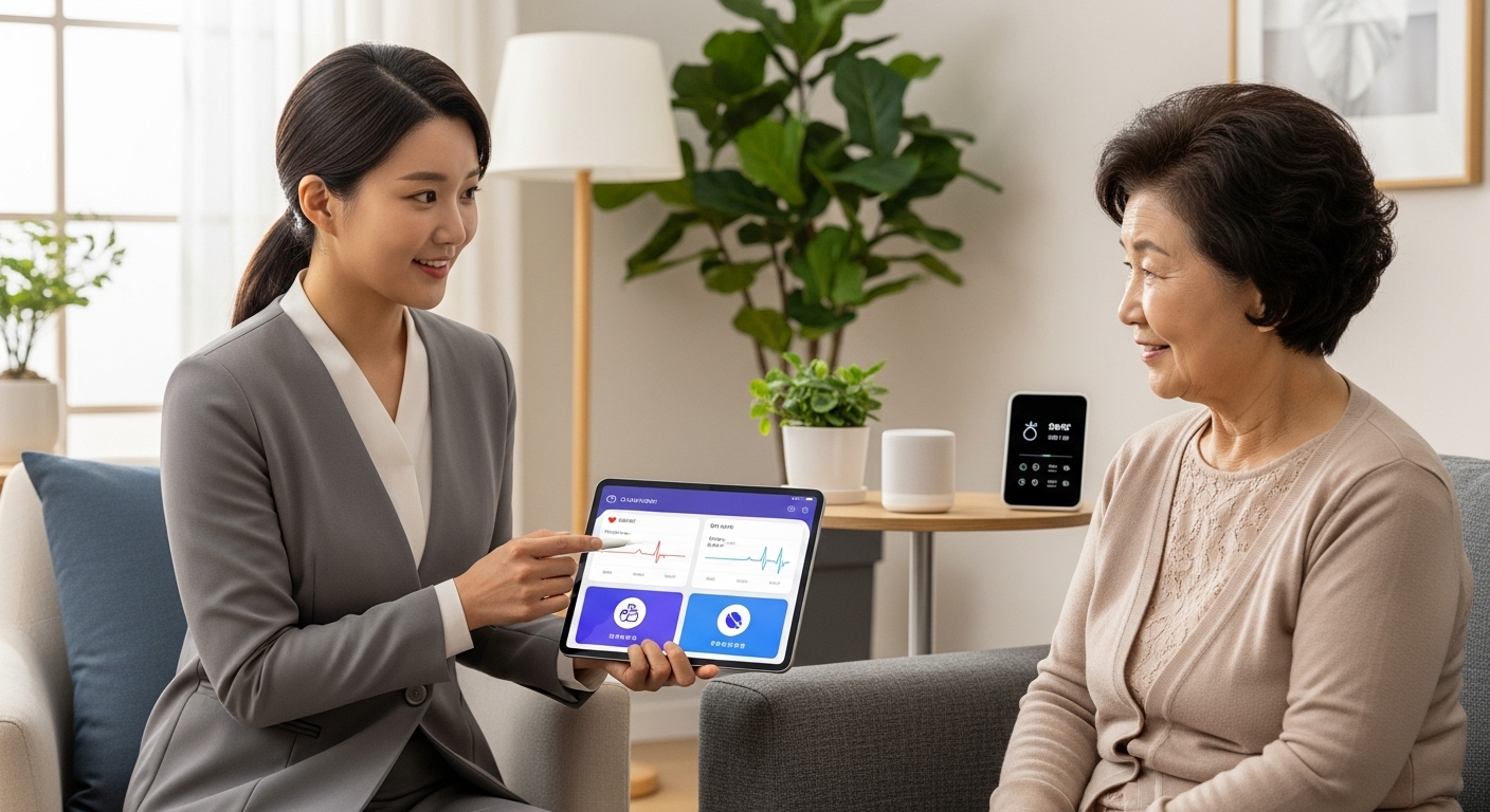 태블릿을 이용해 고령 환자에게 디지털 헬스케어 앱 사용법을 안내하는 한국인 디지털 헬스케어 코디네이터.