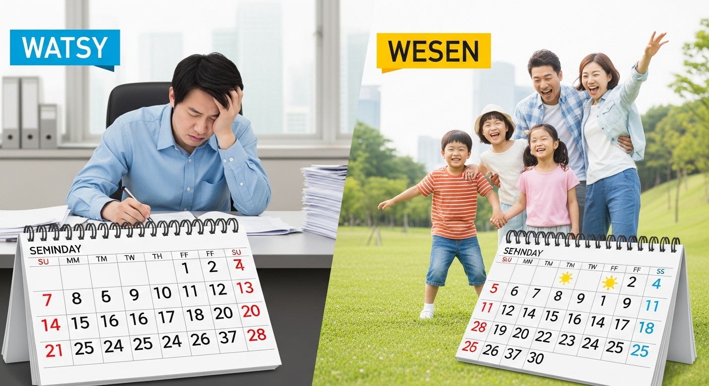 과거의 적은 휴일과 현재의 늘어난 휴일로 인한 한국인들의 여유로운 일상을 대조적으로 보여주는 이미지.