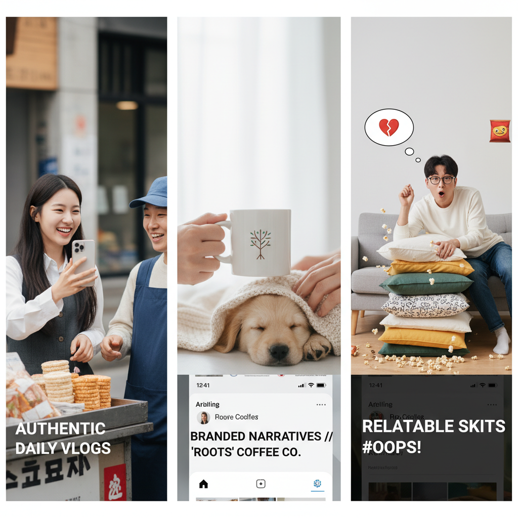 크리에이터가 일상을 촬영하는 모습, 브랜드 스토리가 담긴 숏폼 광고, 그리고 유머러스한 상황극 등 다양한 스토리텔링 숏폼 콘텐츠 유형을 보여주는 이미지.