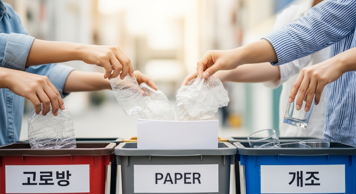 다양한 재활용품을 색깔별로 구분된 분리수거함에 넣는 여러 손들의 모습. 한국어 라벨이 선명하며, 시민들의 적극적인 분리배출 참여를 통해 자원 순환을 실천하는 이미지를 표현합니다.