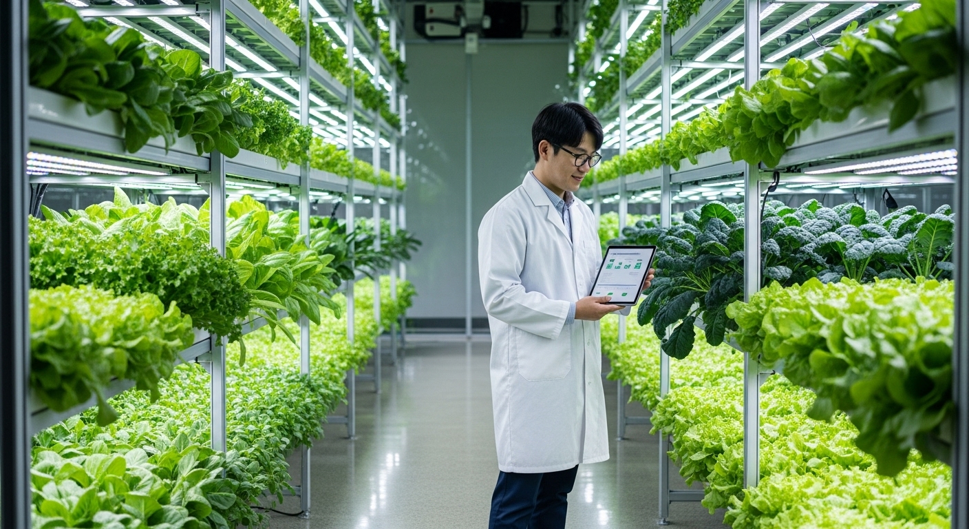 스마트팜에서 다양한 수경재배 채소를 관리하는 한국인 농업 기술자
