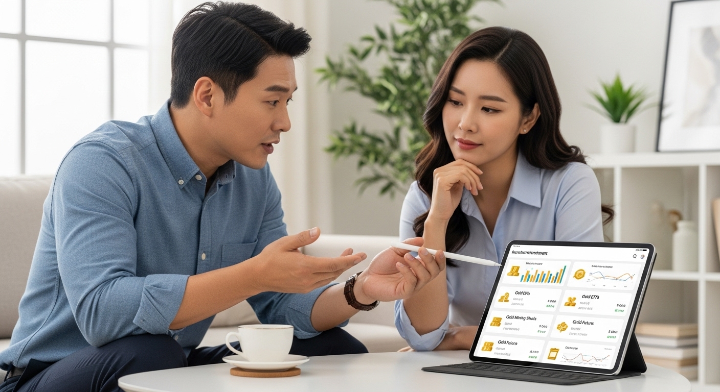 금 투자 여부를 신중하게 논의하며 금 시세 자료를 검토하는 한국인 부부 투자자