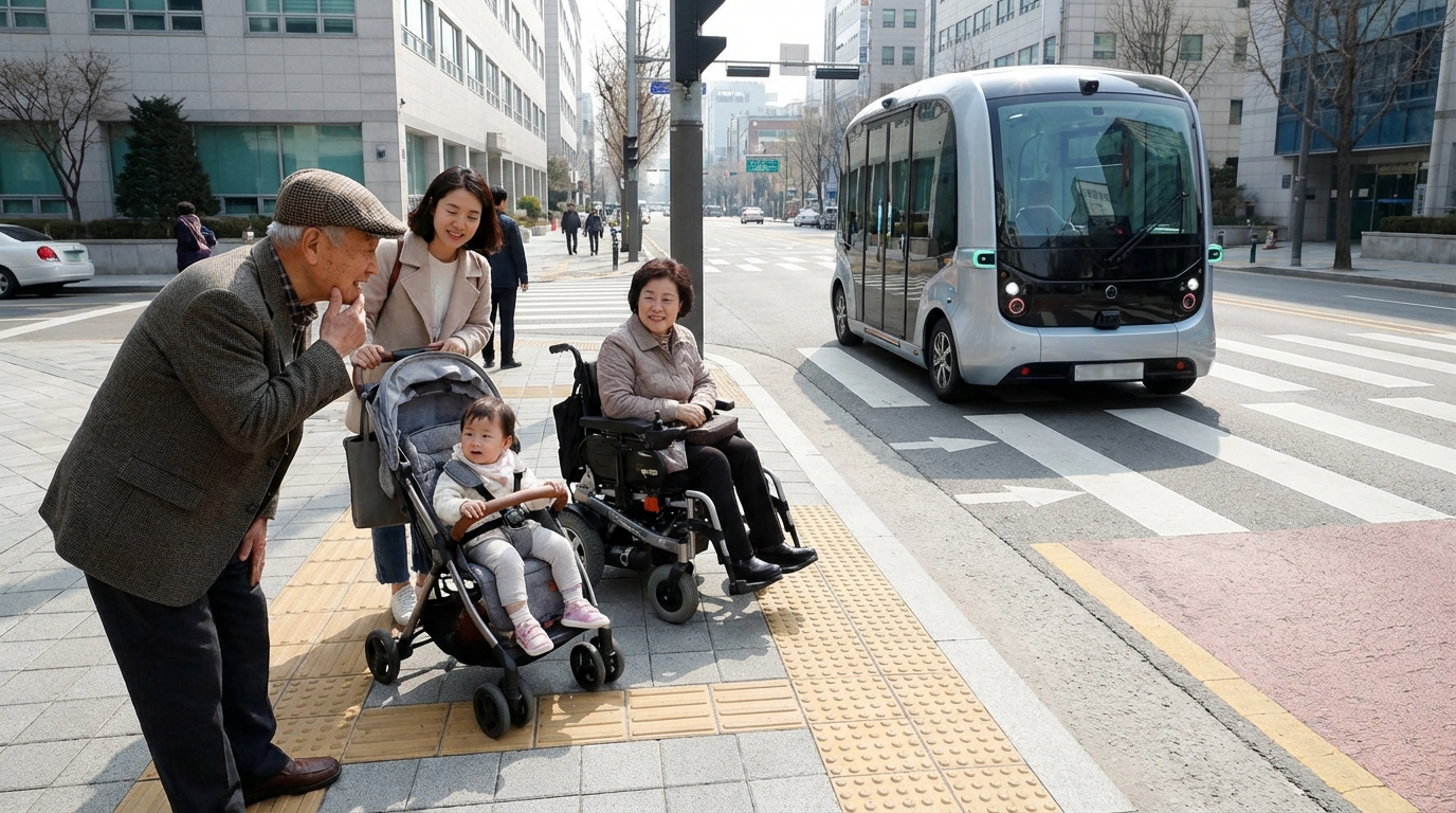 어린이, 노인, 장애인 등 다양한 한국 시민들이 자율주행 셔틀버스가 도심을 운행하는 모습을 보며 미래 교통에 대한 기대와 우려를 나타내는 모습.
