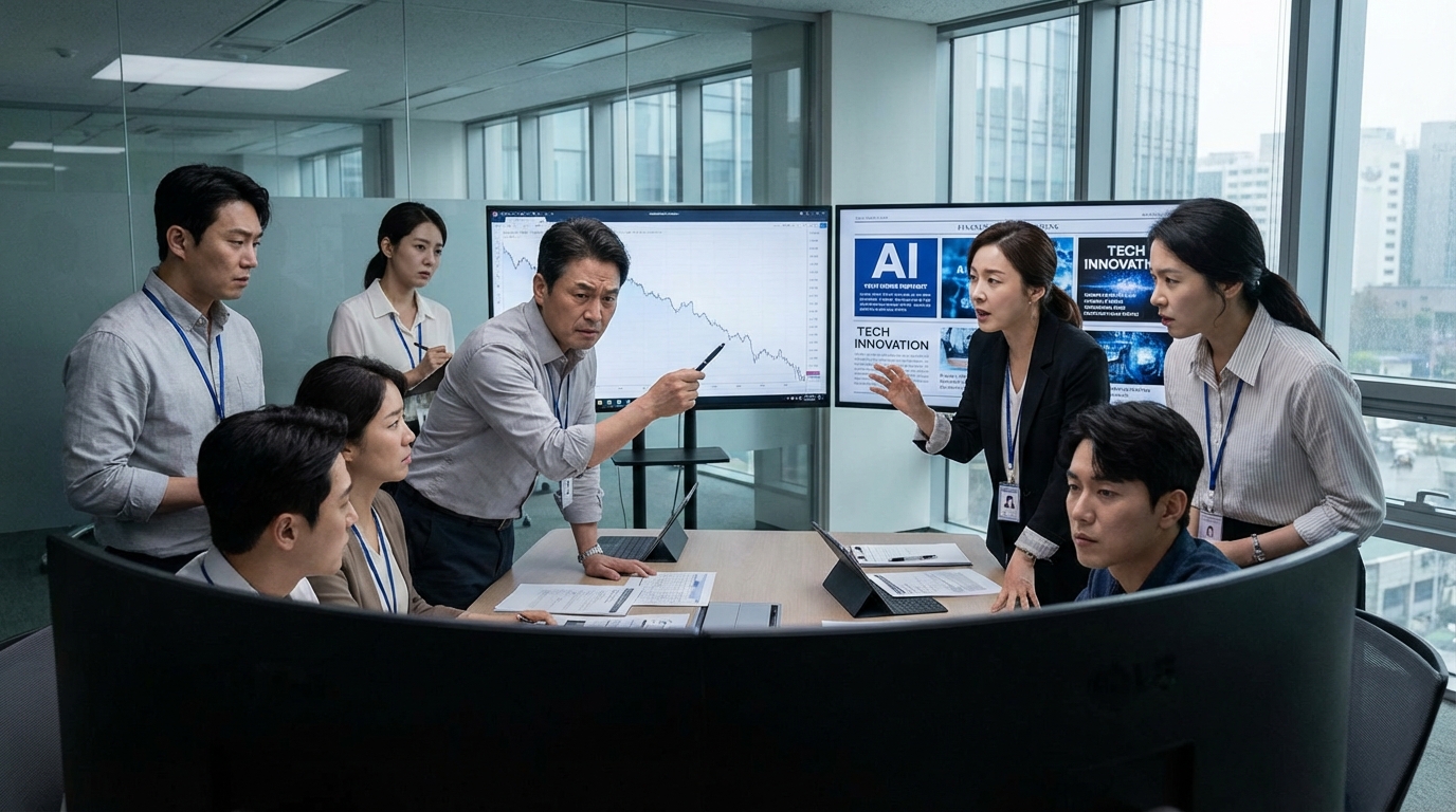 AI 거품론에 대해 찬반 의견을 나누며 열띤 토론을 벌이는 한국인 금융 전문가들의 모습