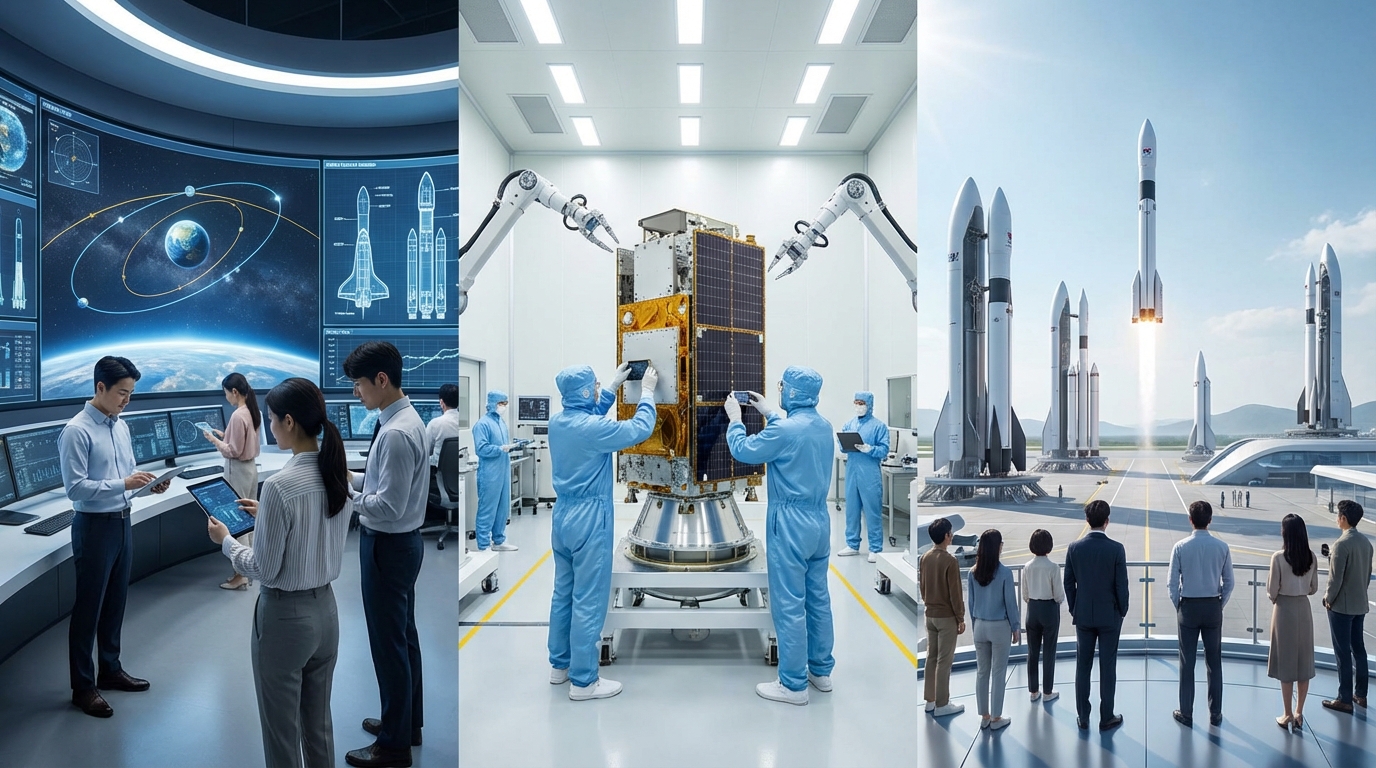 한국 우주 산업의 미래를 보여주는, 위성 개발 및 발사 준비에 한창인 기술자들의 모습.