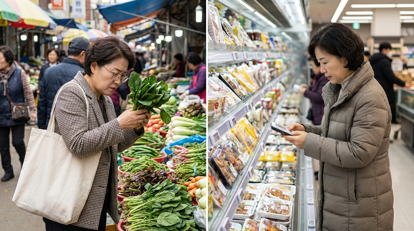 재래시장이나 마트에서 신중하게 상품을 고르는 모습, 현명한 쇼핑 습관을 보여줌