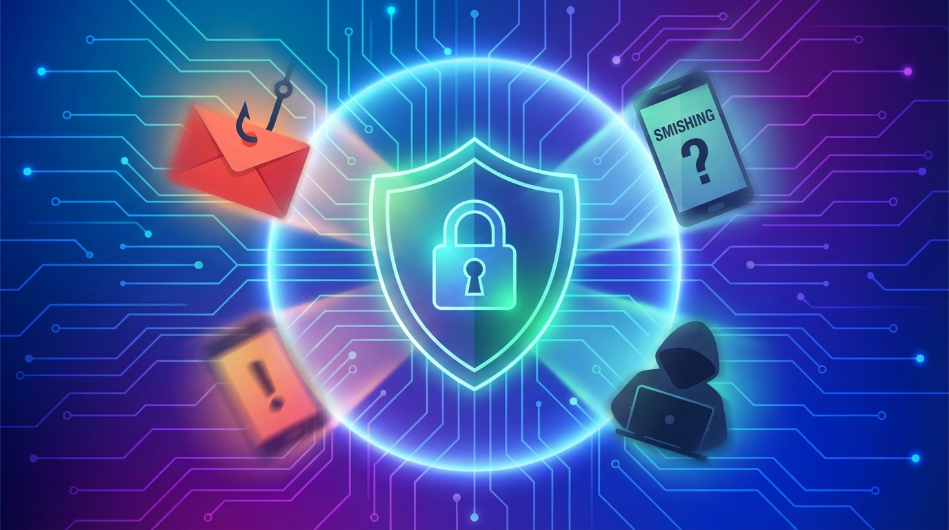 사이버 보안 방패가 피싱, 스미싱 등 다양한 온라인 위협으로부터 개인정보를 보호하는 모습.
