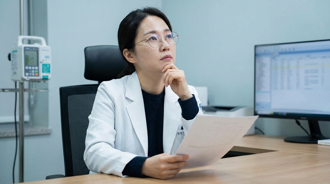 의료정책 문서를 검토하며 필수의료 개선 방안을 고심하는 의료인의 모습.