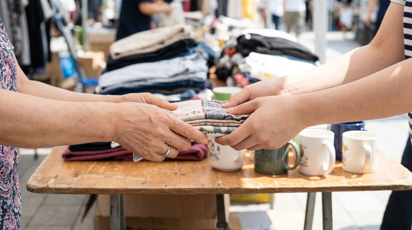 중고 거래를 통해 물건을 주고받는 손, 지속 가능한 소비를 나타냄