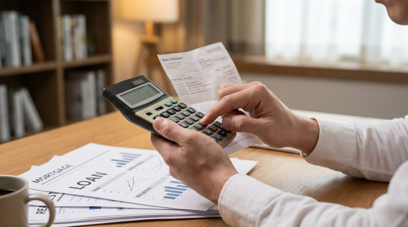대출 규제 강화로 주택담보대출 금액을 계산하며 고민하는 한국 남성의 손.