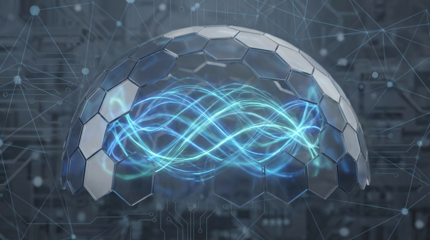 기밀 컴퓨팅 환경에서 암호화된 데이터가 안전하게 처리되는 모습을 추상적으로 표현한 이미지.