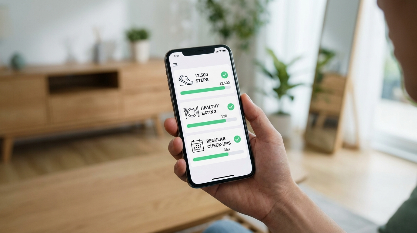 스마트폰 앱 화면에 걷기, 건강 식단 등 건강 활동으로 적립된 포인트가 표시된 모습. 건강생활실천지원금제 참여를 통한 포인트 적립 과정을 보여줍니다.