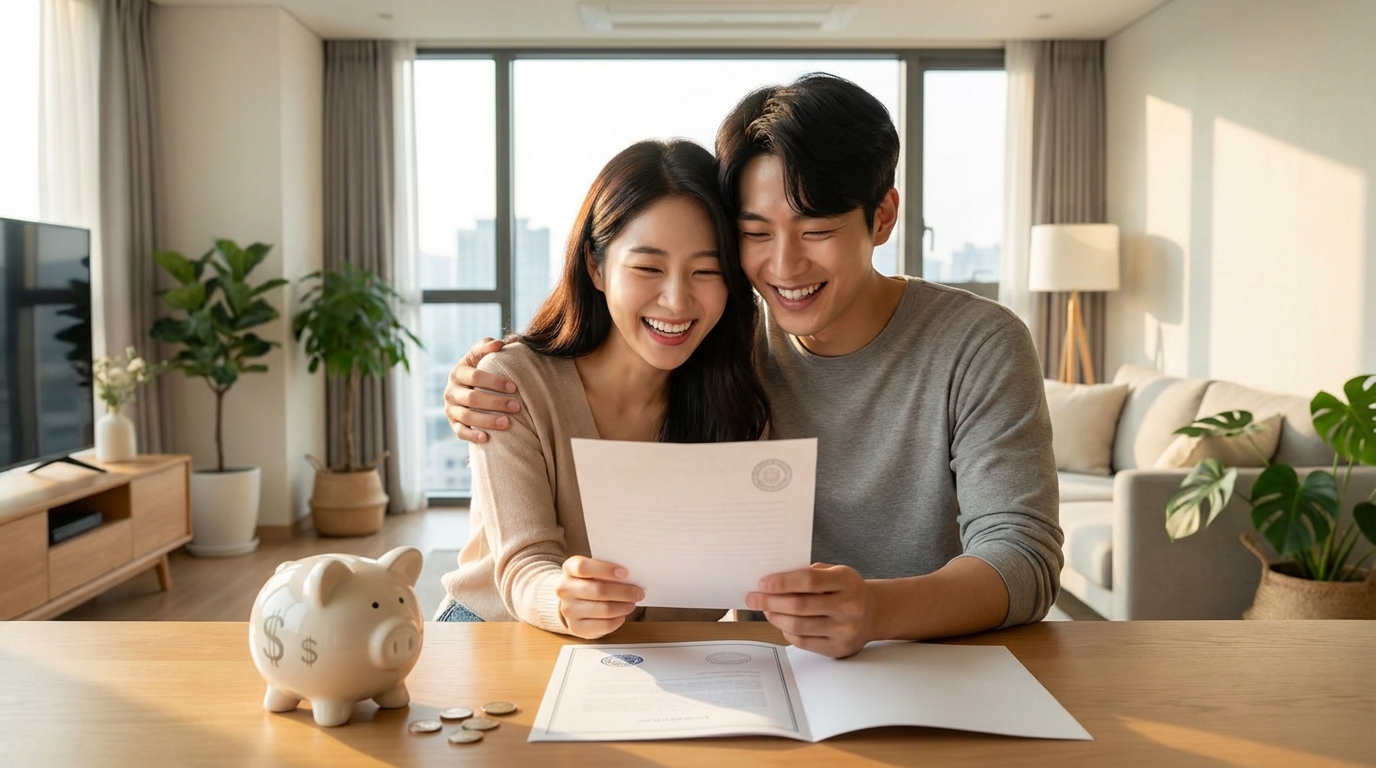 결혼세액공제 혜택을 확인하며 행복해하는 한국인 신혼부부의 모습