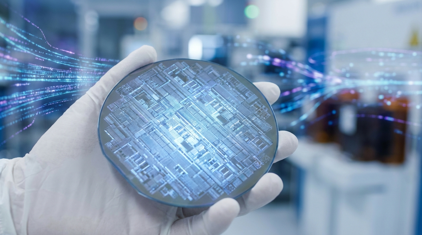 정교한 회로 패턴이 빛나는 푸른색 반도체 웨이퍼를 장갑 낀 손이 조심스럽게 들고 있는 모습. 첨단 제조 기술과 D램 생산의 정밀함을 상징합니다.